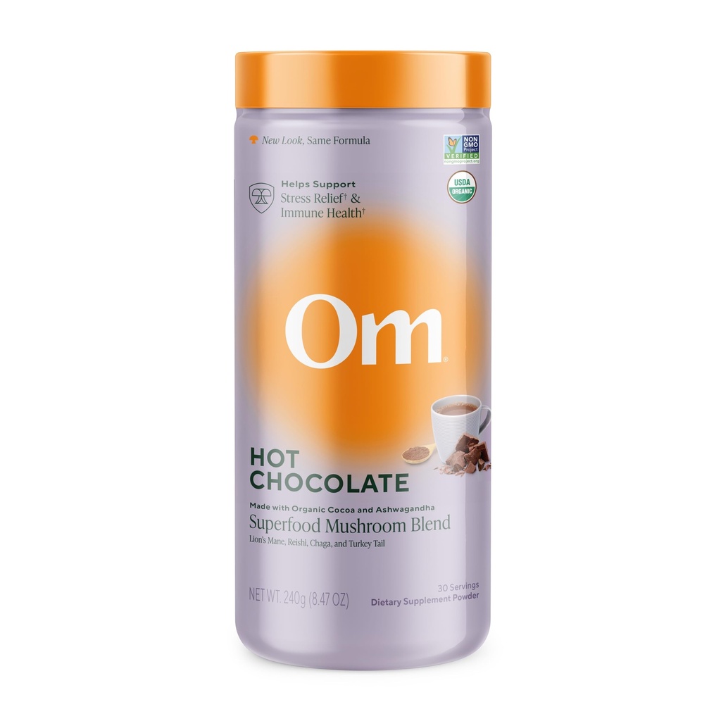 OM MUSHROOM SUPERFOOD Hot Chocolate Blend – Dutch Cocoa with Lion’s Mane, Reishi, Chaga & Turkey Tail – Υποστηρίζει Focus, Calm & Stress Relief – 2g Ζάχαρη, 25 θερμίδες – 8,47 oz Canister (30 υπηρεσίες)