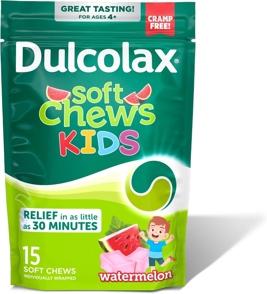 Dulcolax Kids saline Laxative Soft Chews, Simulant-free Laxatives, Gentle Constipation Relief for Kids, Softens Stool, Watermelon Flavor, Magnesium Hydroxide 1200 mg, 15 Count
