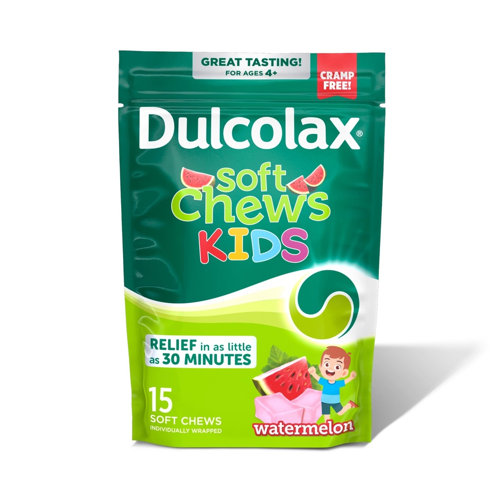 Dulcolax Kids saline Laxative Soft Chews, Simulant-free Laxatives, Gentle Constipation Relief for Kids, Softens Stool, Watermelon Flavor, Magnesium Hydroxide 1200 mg, 15 Count