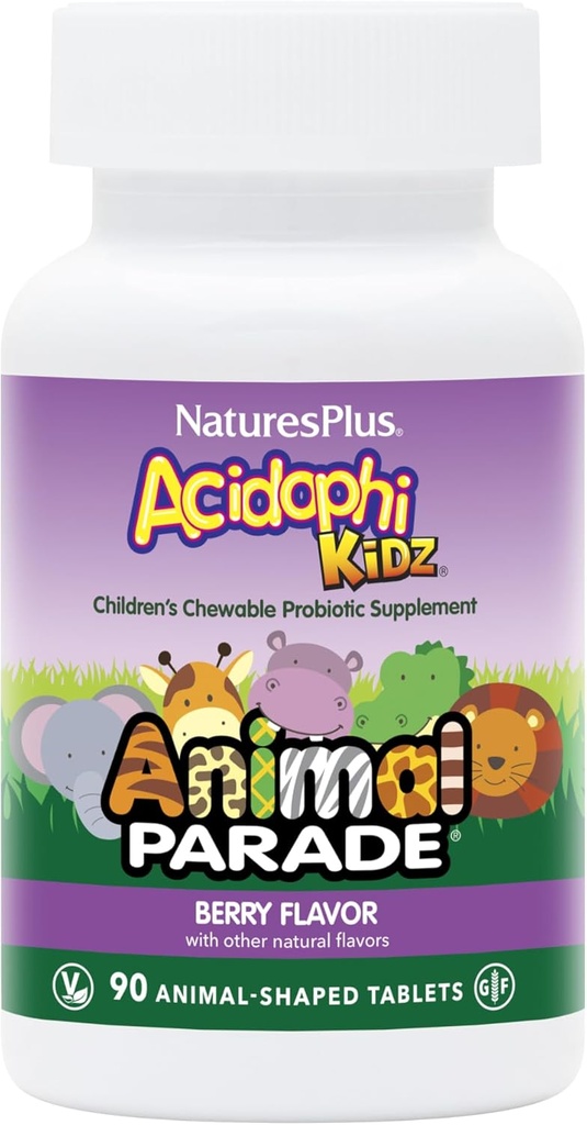 NaturesPlus Ζωική Παρέλαση AcidophiKidz, Berry Flavor - 90 Μασώμενα, Ζωομορφές Δισκία - Συσκευασία των 2 - με Προβιοτικά, FOS & Σπόροι Σταφυλιού - 180 Σύνολο Σερβίρει