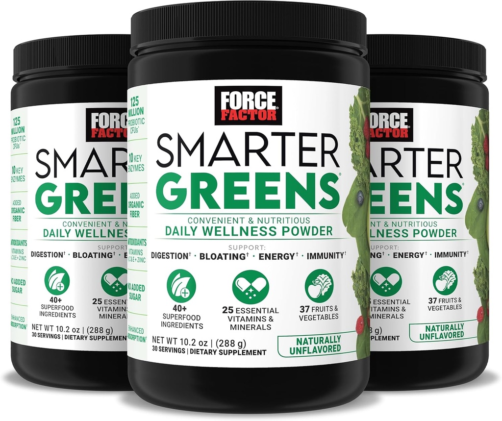 Force Factor Smarter Greens Daily Wellness Powder 3-Pack to Support Energy, Immunity & Digestion, Greens Powder, Superfood Powder with Vitamins, Minerals & Probiotics, Unflaved, 90 Servings