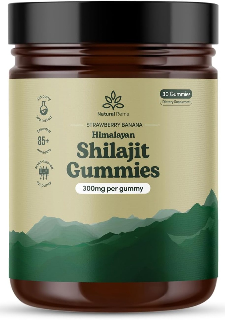 Natural Rems Organic Shilajit Gummies for Men and Women - Lab Tested - Made in USA - Pure Himalayan Organic - Fulvic Acid - Energy and Focus - Holistic Health Supplements (Strawberry Banana)