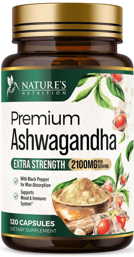 Ashwagandha Συμπληρώματα - 2100mg Ashwagandha κάψουλα για γυναίκες & άνδρες, φυσική αντιοξειδωτική υποστήριξη, εκχύλισμα ρίζας Ashwa, επιπλέον δύναμη ήρεμη υποστήριξη με μαύρο πιπέρι, Vegan & χωρίς γλουτένη - 120 κάψουλες