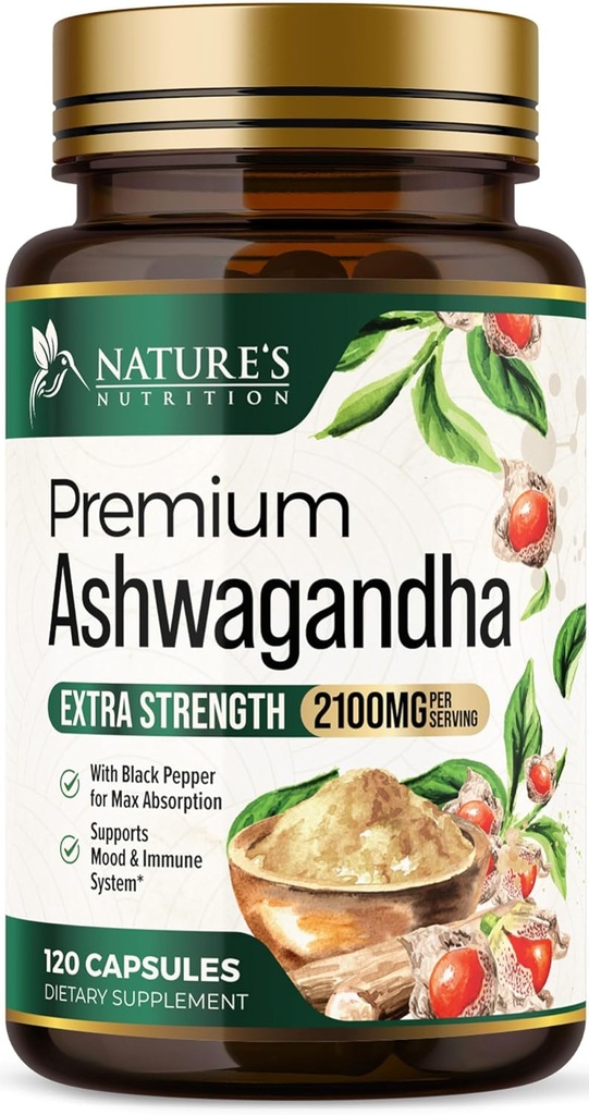 Ashwagandha Συμπληρώματα - 2100mg Ashwagandha κάψουλα για γυναίκες & άνδρες, φυσική αντιοξειδωτική υποστήριξη, εκχύλισμα ρίζας Ashwa, επιπλέον δύναμη ήρεμη υποστήριξη με μαύρο πιπέρι, Vegan & χωρίς γλουτένη - 120 κάψουλες