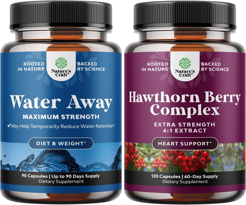 Bundle of Water Away Fluid Retention with Dandelion Leaf Extract & Green Tea for Bloating Relief and High Strength Hawthorn Berry Capsules with Leaf & Flower Extract 4:1 for Healthy Heart & Digestion