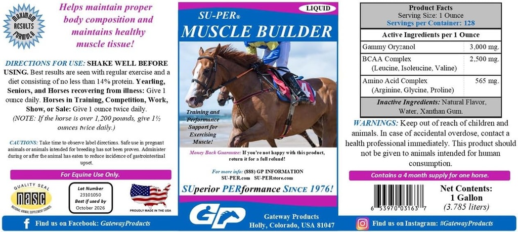 SU-PER Muscle Builder Horse Supplement - Εκπαίδευση και υποστήριξη απόδοσης για την άσκηση των μυών - 1 Gallon, 4 Μήνες προσφοράς