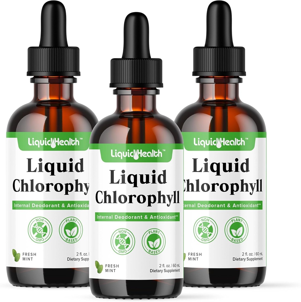 LIQUIDHEALTH Liquid Chlorophyl Drops - Εσωτερικό Αποσμητικό, Αντιοξειδωτικά, Αποτοξίνωση ήπατος, Ανοσολογική Υποστήριξη, Ανακουφίζει Κακή αναπνοή, Μειώνει την όρεξη, Κολλαγόνο για την υγεία των μαλλιών & του δέρματος - Vegan, Μη-ΓΤΟ (3 Pack)
