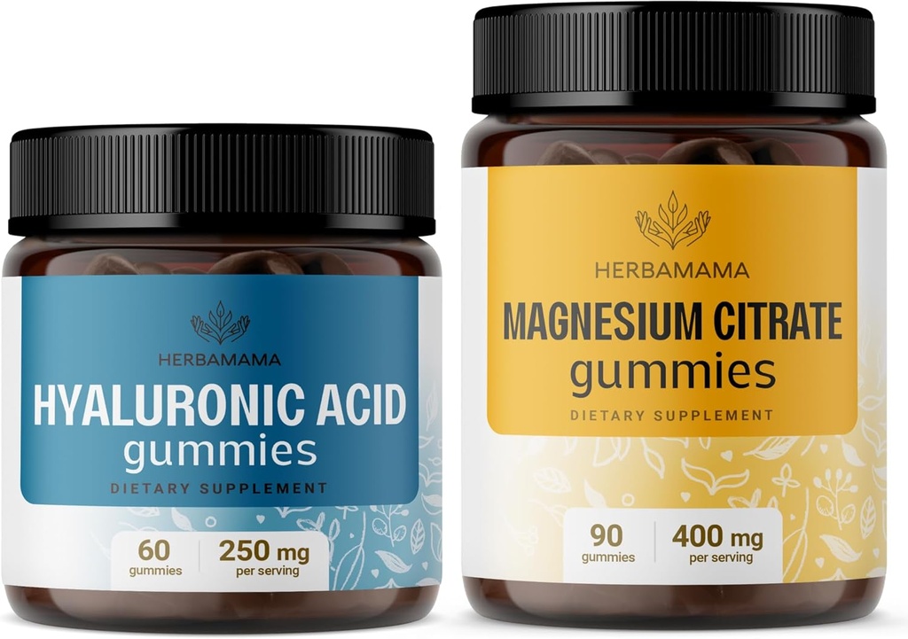 HERBAMAMA Hyaluronic Acid and Magnesium Kit - Bundle of 250 mg Hyaluronic Acid & 400 mg Magnesium Citrate Gummies - Vegan, Non-GMO, Gelatin-Free - 2 Pack