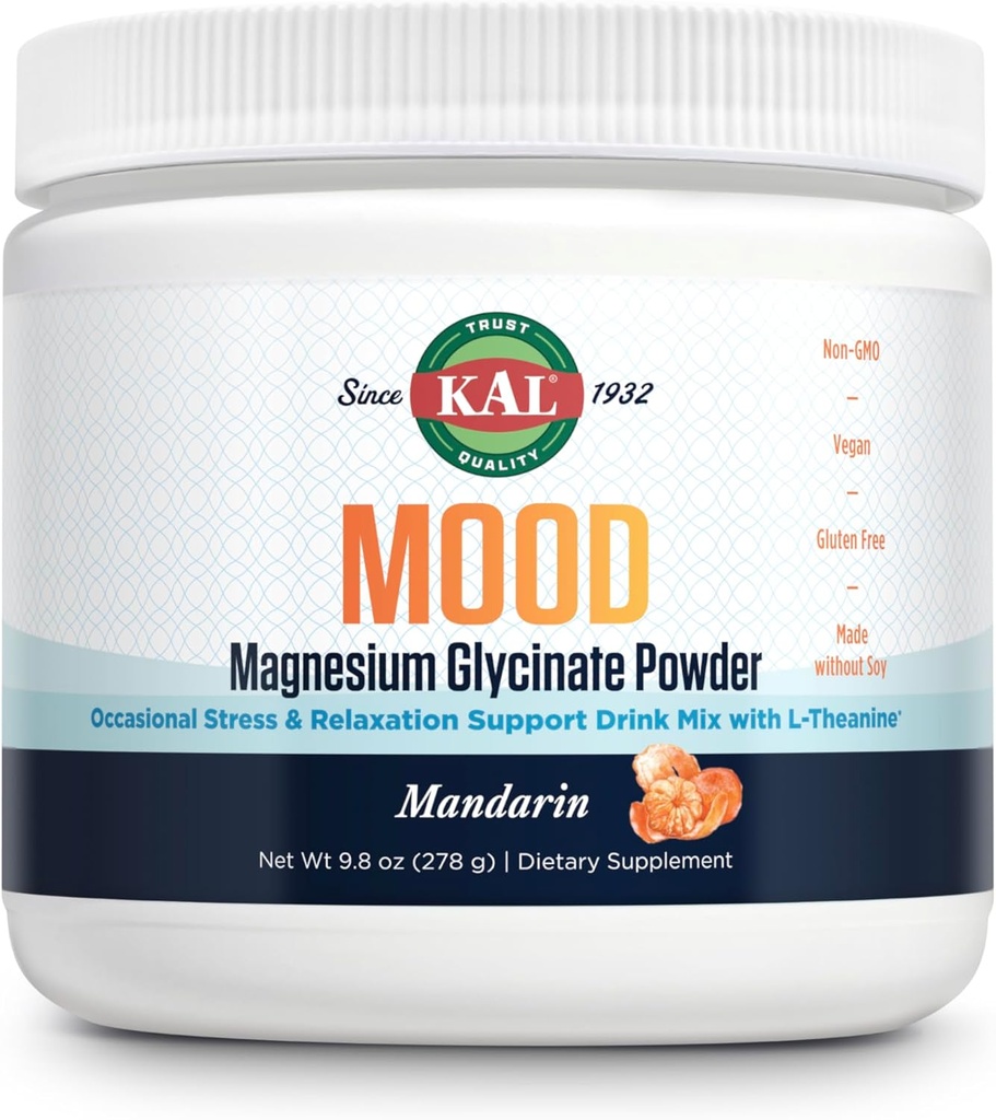 KAL Mood σκόνη μαγνησίου με L-Θεανίνη - Mandarin συμπλήρωμα μαγνησίου γεύσης - Υποστήριξη χαλάρωσης, υψηλής απορρόφησης, Όχι Προστιθέμενη ζάχαρη, Vegan, Χωρίς γλουτένη, Κατασκευάζεται χωρίς σόγια - 40 σερβιέτες, 9,8 oz