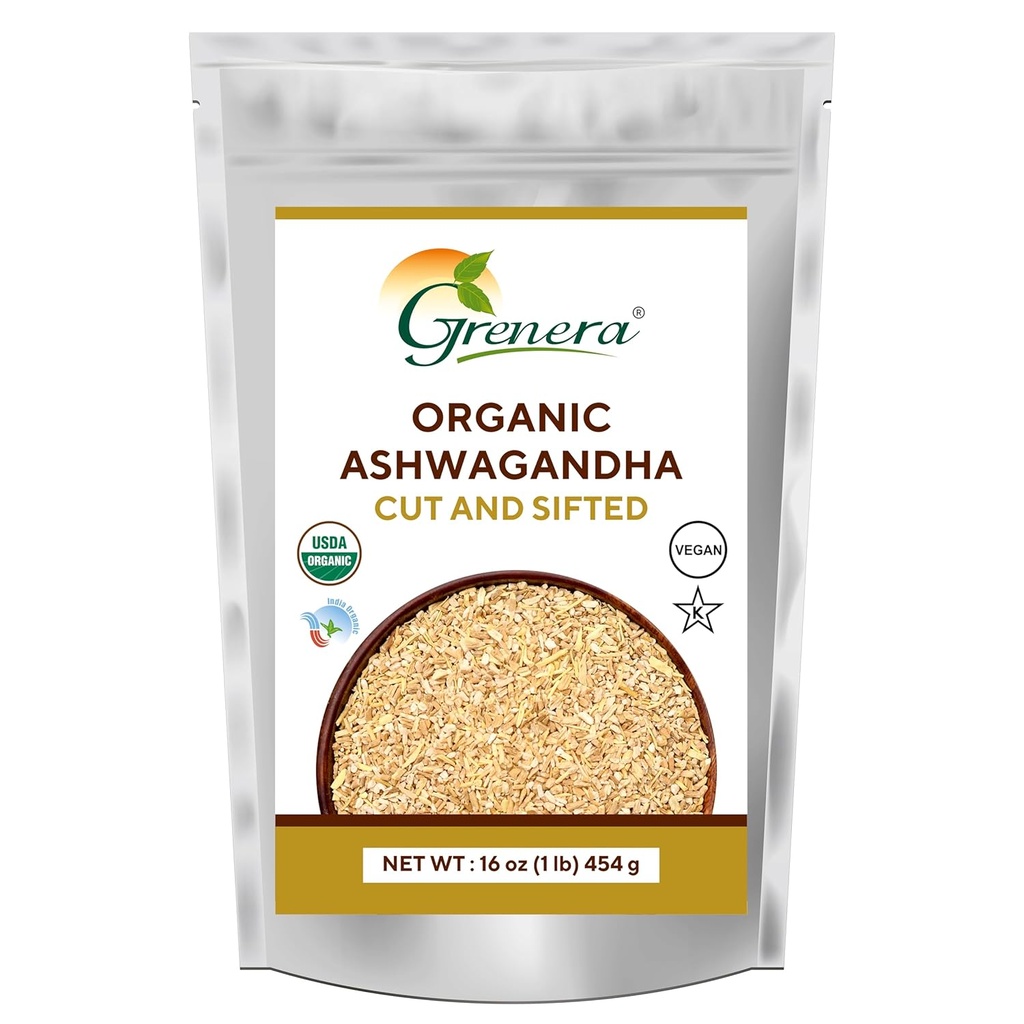 Grenera Organic Ashwagandha Root Cut and Sifted 1 lb, Withania Somnifera USDA Certified 3 to 5 mm Μέγεθος, Best for Making Herbal Tea
