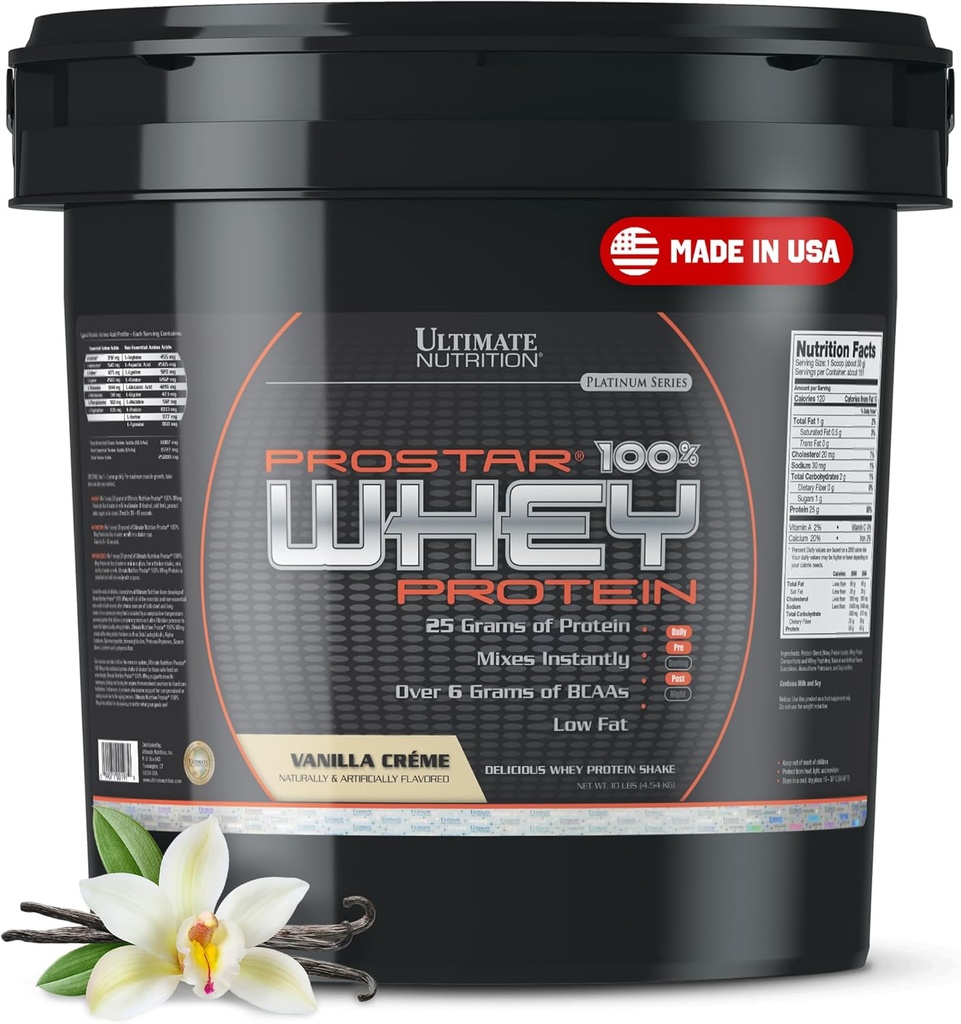 Ultimate Nutrition Prostar Whey Protein Powder Isolate, Vanilla - Χαμηλή υδατανθράκων, υψηλής πρωτεΐνης σκόνης Shake για μυϊκή αύξηση & ανάκτηση - χαμηλή νάτριο, χαμηλής πυκνότητας & Keto Friendly - 10 lbs Bucket