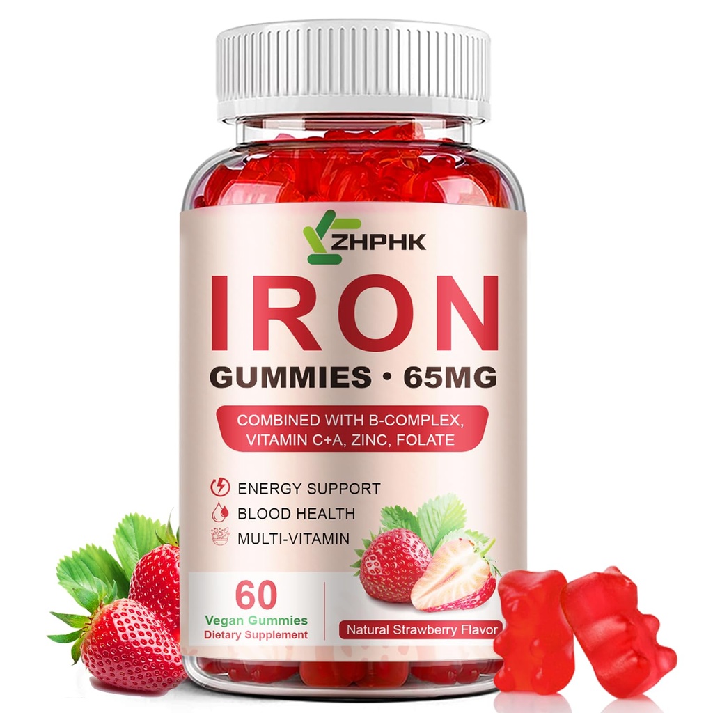 Συμπληρώματα σιδήρου Gummies, 65mg Σιδήρου και 250mg Βιταμίνη C για γυναίκες Παιδιά, Φυσική Vegan Iron Gummy με βιταμίνη Α, B-Complex, Βιοτίνη, ψευδάργυρος & Folate Ενεργειακή Υποστήριξη & Ανοσοποιητική Υγεία, 60 Gummies
