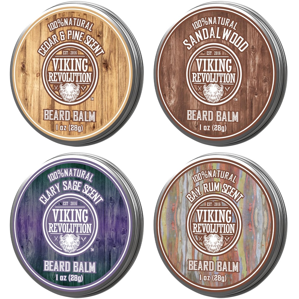 Viking Revolution 4 Beard Balm Variety Pack (1oz Each) - Sandalwood, Pine & Cedar, Bay Rum, Clary Sage - Styles, Strengthens and Softens Beards and Mustaches - Wax for Men