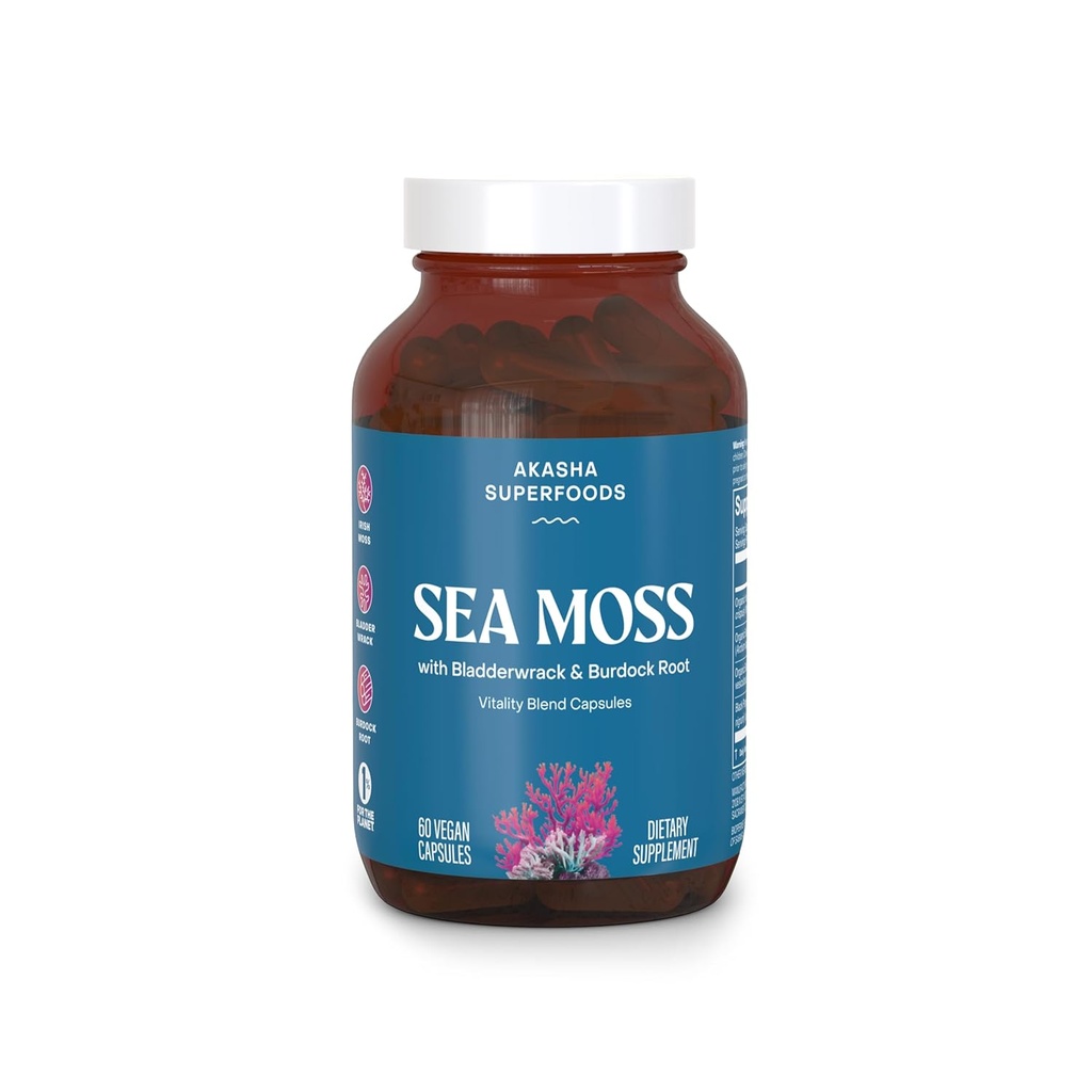 Akasha Superfoods Sea Moss Κάψουλες, Βιολογικός Ιρλανδικός Μος με Ρίζα Bladderwrack, Burdock Root, και BioPerine, Δέρμα, Θυρεοειδές, Digetion & Ανοσία Υποστήριξη για γυναίκες & άνδρες, Χωρίς γλουτένη, Vegan, 60 Count