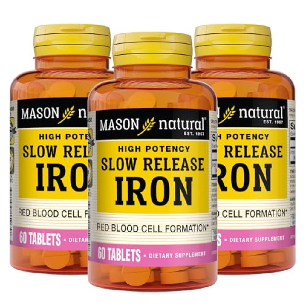 Mason Natural Slow, Release Iron (Ferrous Sulfate) 50 mg δισκία, 180 ημέρες προσφοράς, High Potency Supplement, Gentle on Stomach, 3 Pack