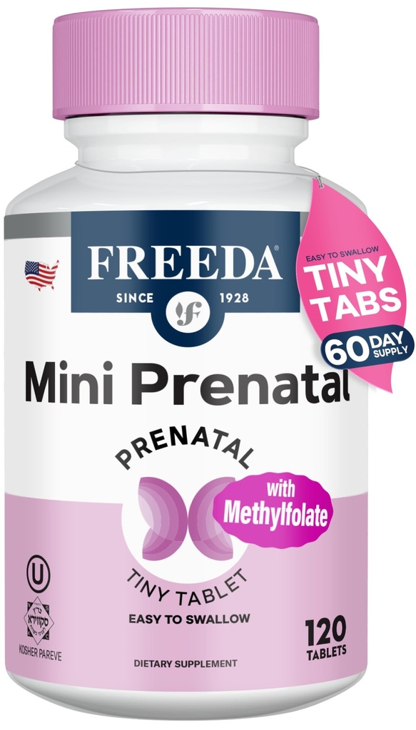 FREEDA Mini Προγεννητική Βιταμίνη - Kosher Προγεννητικά - Tiny Easy to Swallow Tablets - Προγεννητικές Βιταμίνες με Σιδήρο, Προγεννητικό Φολικό Οξύ/Φολικό, Βιταμίνη D - Pre Natal Multivitamin για Έγκυες Γυναίκες (120)