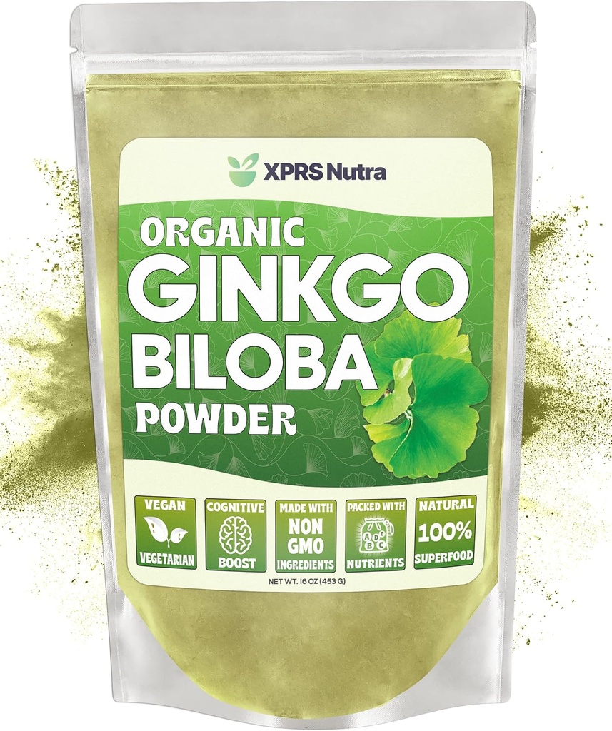 XPRS Nutra Organic Ginkgo Biloba Σκόνη - Gingko Biloba Συμπληρώματα για Γνωστοποίηση - Vegan Friendly Ginkoba Biloba Organic - Ασυλία Ενίσχυση Ginkgo Biloba Σκόνη (16 oz)