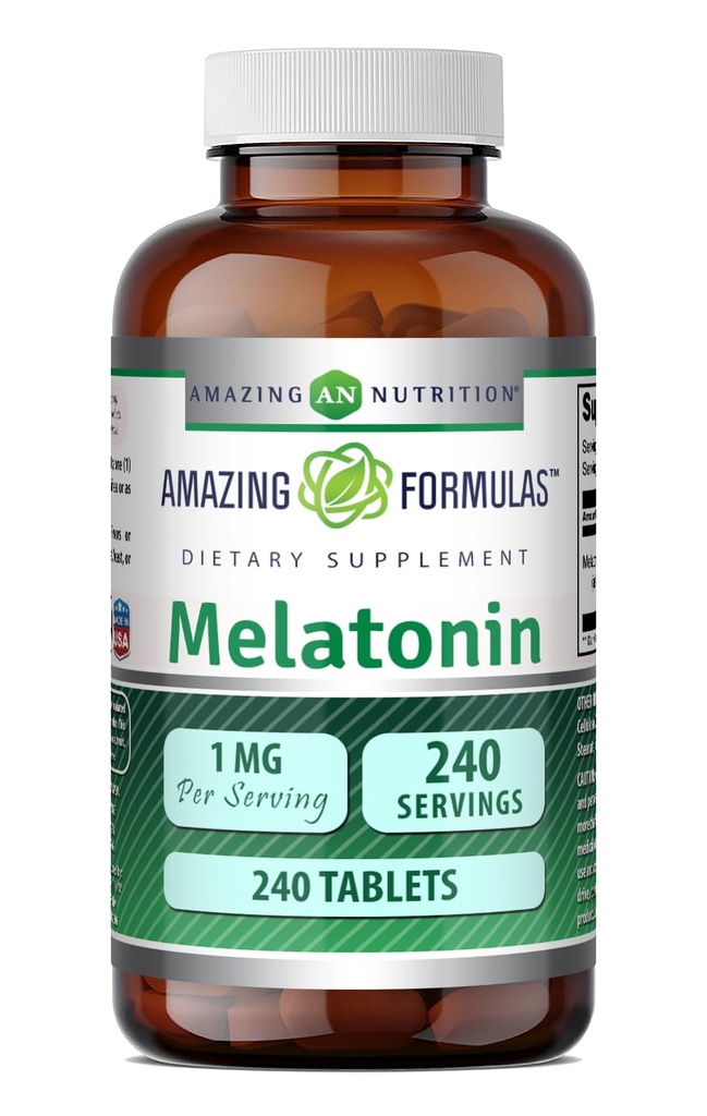 Amazing Formulas Melatonin 1 Mg Tablets (Non GMO,Gluten Free) - Καλύτερη επιλογή του Συμπληρώματος Φυσικής Βοήθειας για τον Ύπνο – Προάγει την Ηρεμία και την Χαλαρωτική Επίδραση - 240 Tablets - Κατάλληλο για χορτοφάγους
