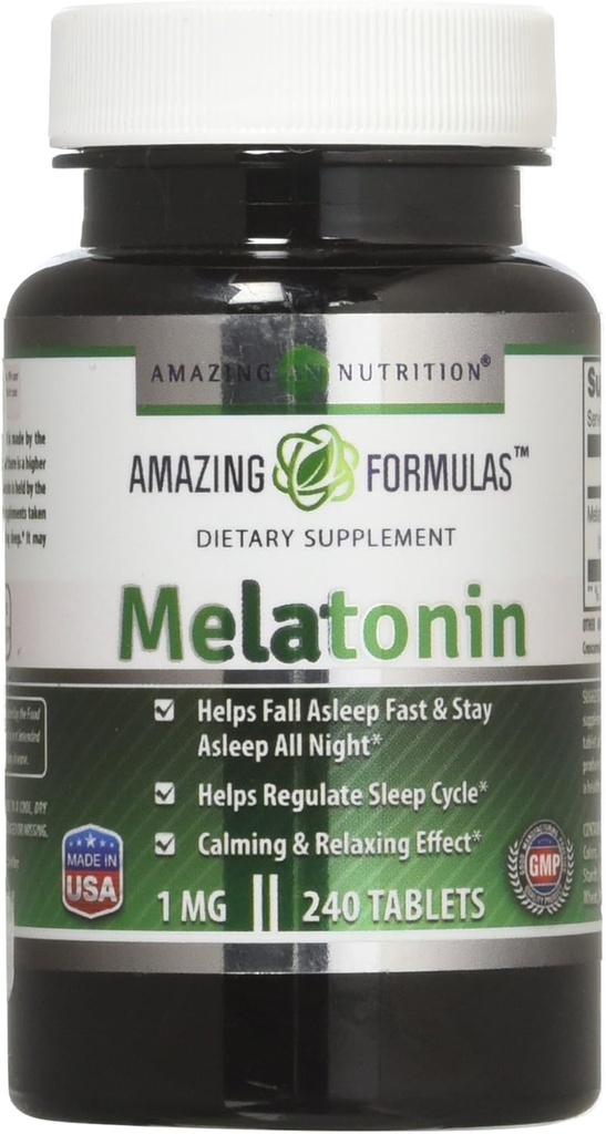 Amazing Formulas Melatonin 1 Mg Tablets (Non GMO,Gluten Free) - Καλύτερη επιλογή του Συμπληρώματος Φυσικής Βοήθειας για τον Ύπνο – Προάγει την Ηρεμία και την Χαλαρωτική Επίδραση - 240 Tablets - Κατάλληλο για χορτοφάγους