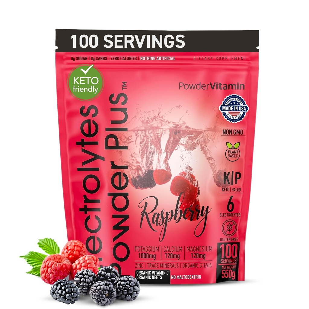 PowderVitamin Ηλεκτρολυτές σκόνης Plus (100 σέρβις) Βατόμουρο Ηλεκτρολύτη σκόνη, Zero θερμίδες, Κέτο, 0 Ζάχαρη, Όχι Μαλτοδεξτρίνη, 1000mg Κάλιο, 120mg Ασβέστιο, 120mg Μαγνήσιο, Ενυδατική σκόνη ενέργειας