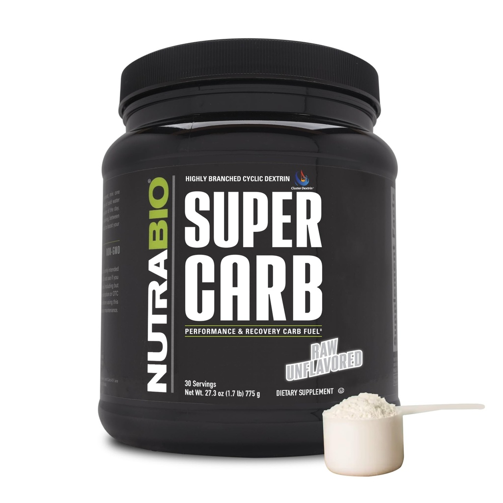 NutraBio Super Carb, Carbohydrate Powder with Cluster Dextrin & Electrolytes, Advanced Carb Supplement Powder for Workout Fuel, Performance, and Muscle Recovery, Κυκλικό Dextrin, Unflaved, 30 Sv