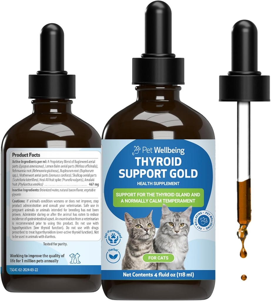 Pet Wellbeing Thyroid Support Gold for Cats - Υποστηρίζει υγιή Thyroid Gland λειτουργία σε γάτες, κανονικό μεταβολισμό, Bugleweed, βάλσαμο λεμονιών - Κτηνιατρικό-Σχηματισμένο συμπλήρωμα βοτάνων 4 fl oz (118 ml)