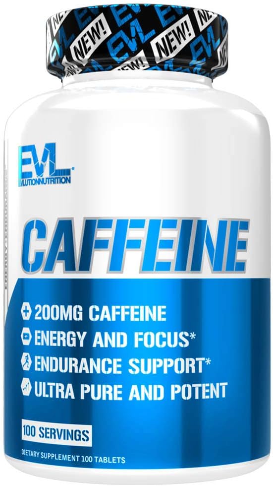 Evlution Nutrition Caffeine - Ενέργεια, Focus, & Υποστήριξη Αντοχής - 200mg καφεΐνης Per Serving - Ultra Pure & Poent - Μεγιστοποίηση Εργασίας, Κατάρτιση & Περισσότερα - Συμπλήρωμα Διατροφής - 100 Σερβιέτες -100 Ταμπλέτες