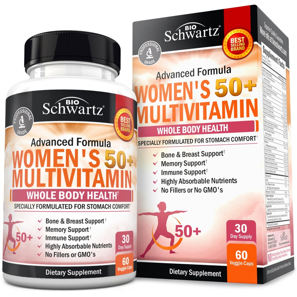Daily Multivitamin for Women 50 & Over – Memory Support Supplement – Promotes Stress Reduction & Healthy Immune Response – Women's Multivitamin Supplement Designed for Stomach Comfort - 60 Capsules