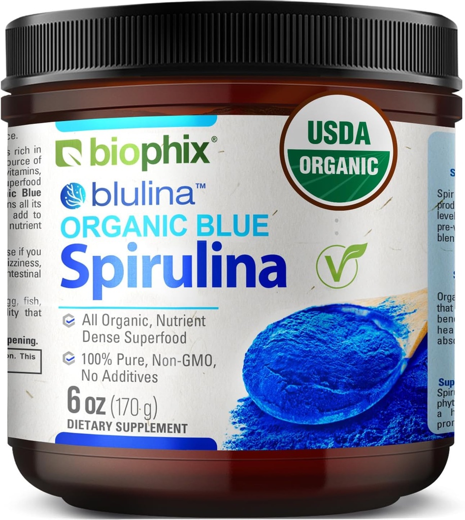biophix Blue Spirulina Powder Organic Blulina 6 oz - Algae Organic Spirulina Powder 170 - Superfood Supplement - Natural Blue Pigment - Espiruina en Polvo Organica Pura Azul