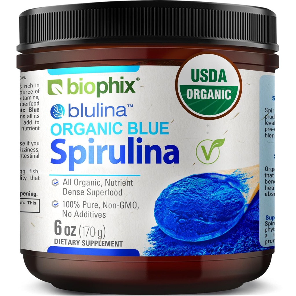 biophix Blue Spirulina Powder Organic Blulina 6 oz - Algae Organic Spirulina Powder 170 - Superfood Supplement - Natural Blue Pigment - Espiruina en Polvo Organica Pura Azul
