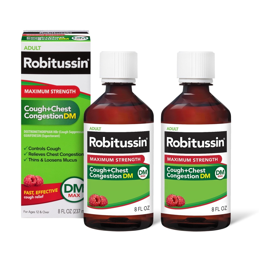 Robitussin ενήλικας μέγιστη δύναμη βήχας συν συμπύκνωση στήθος DM Max, βήχας καταπιεστικό και προσδοκητικό, σμέουρο άρωμα, 8 fl Oz x 2