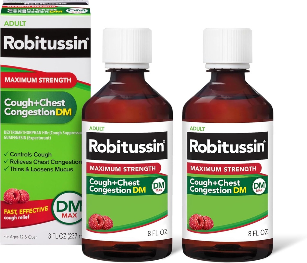 Robitussin ενήλικας μέγιστη δύναμη βήχας συν συμπύκνωση στήθος DM Max, βήχας καταπιεστικό και προσδοκητικό, σμέουρο άρωμα, 8 fl Oz x 2