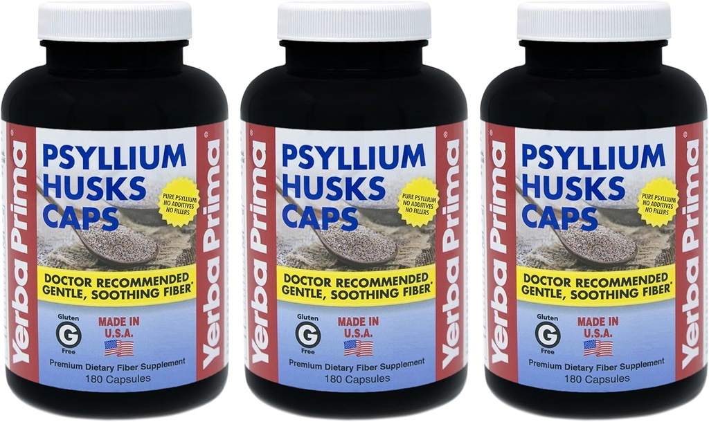 Yerba Prima Psyllium Husks Caps - 180 caps (Pack of 3) - Natural Fiber Supplement - Καθαρισμός του παχέος εντέρου - Χωρίς γλουτένη μη ΓΤΟ