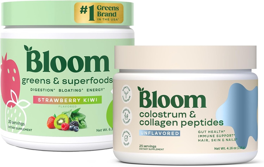 Bloom Διατροφή Superfood Πράσινοι σκόνη, Digestive Ένζυμα με Προβιοτικά και Πρεβιοτικά, Υγεία των ορνίθων, Αναπλήρωση Ανακούφιση, Φράουλα Kiwi + Βοοειδή Colostrum σκόνη 