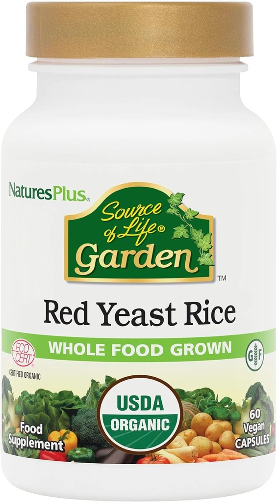 Natures Plus Source of Life Garden Certified Organic Red Yeast Rice - 600 mg, 60 Vegan Capses - Διατροφική Υποστήριξη για τη συνολική ευεξία - Χορτοφαγική, χωρίς γλουτένη - 60 Σερβιέτες