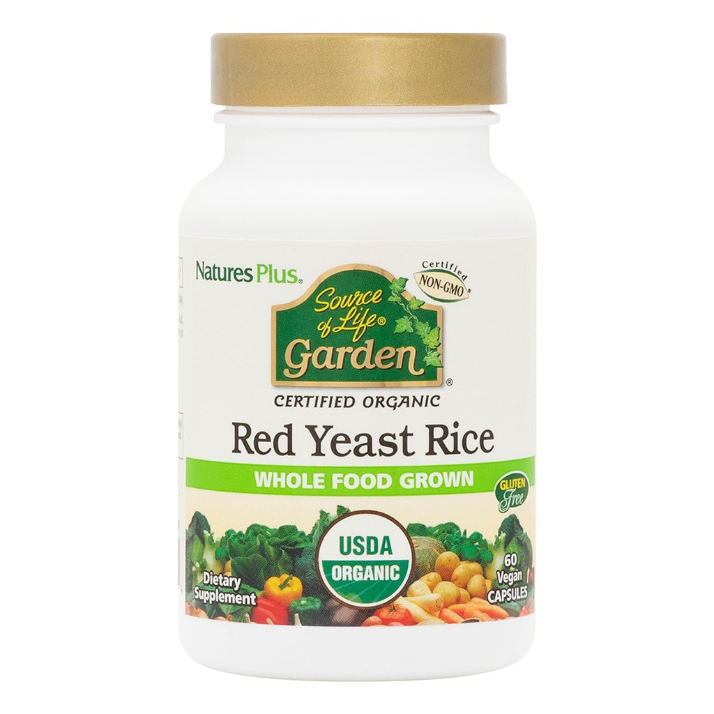 Natures Plus Source of Life Garden Certified Organic Red Yeast Rice - 600 mg, 60 Vegan Capses - Διατροφική Υποστήριξη για τη συνολική ευεξία - Χορτοφαγική, χωρίς γλουτένη - 60 Σερβιέτες