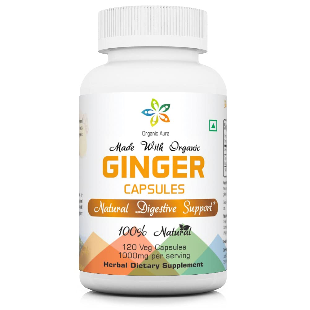 Βιολογικές κάψουλες Aura Ginger - 120 κάψουλες Veg. Φυσικά ενισχύει την πέψη, ανακούφιση στο στομάχι αναστατώνεται και βελτιώνει την ασυλία. Χωρίς ΓΤΟ και Χωρίς Γλουτένη.