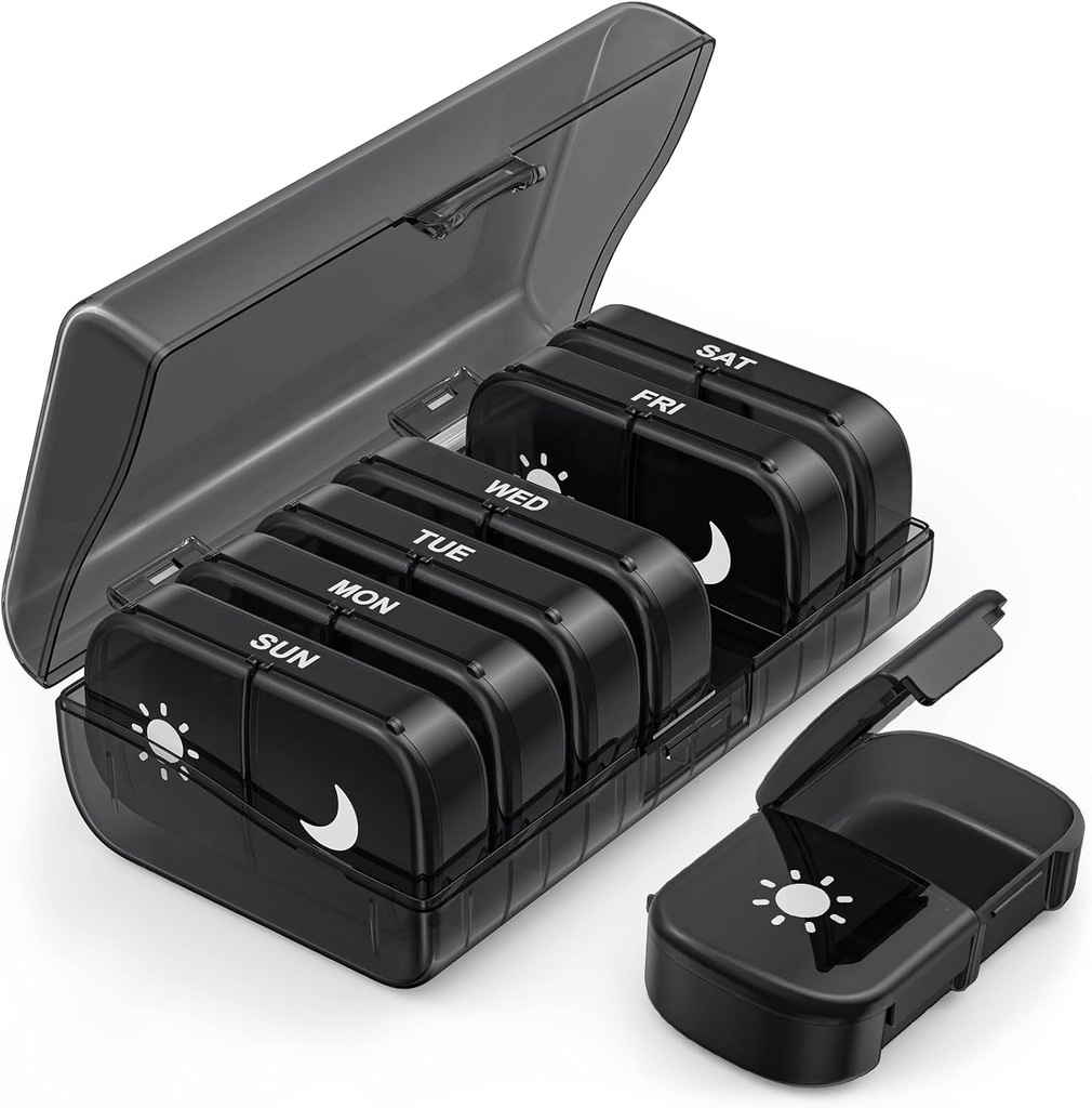 PULIV Extra Large Weekly Pill Organizer 2 φορές την ημέρα, One-Side Open Pill Box 7 Day for Easy Filling, Black Privacy Protection AM Pill Case for Vitamins, Medication, Συμπληρώματα, Fish Oils Black