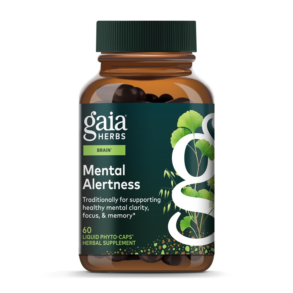 Gaia Herbs Mental Alertness - Brain Support Supplement to Help Reserve Focus & Memory* - with Eleuthero, Ginkgo Leaf, Gotu Kola, Rosemary & Βρώμη - 60 Vegan Liquid Phyto-Capsules (15-Day Supply)