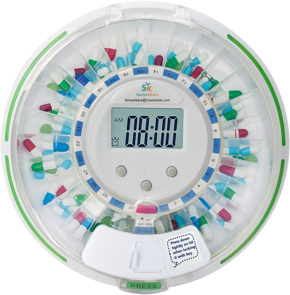 Αυτόματη συσκευή διανομής χαπιών με κλειδαριά ασφαλείας, Φλας, Ήχος, Συναγερμός, 28-Day Ηλεκτρονικός χορηγός φαρμάκων για βιταμίνες και δισκία Up 6 φορές/Day, Εύκολη επίδειξη ανάγνωσης, Καθαρή Lid