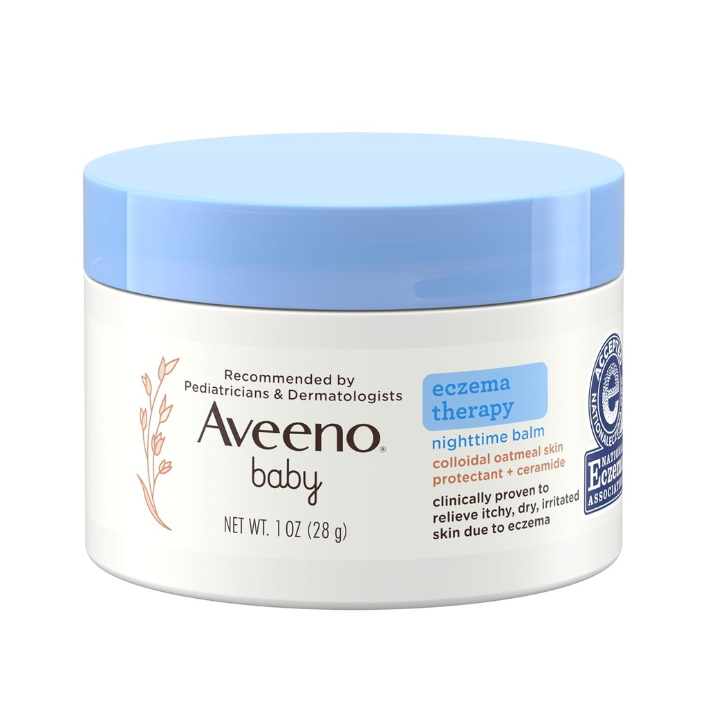 Aveeno Baby Eczema Therapy Nighttime Moisturizing Balm, Colloyal Oatmeal & Ceramide, Soothes & Relieves Dry, Ichy Skin from Eczema, Hypoallergenic, Fragrance-Free, Travel Size, 1 oz