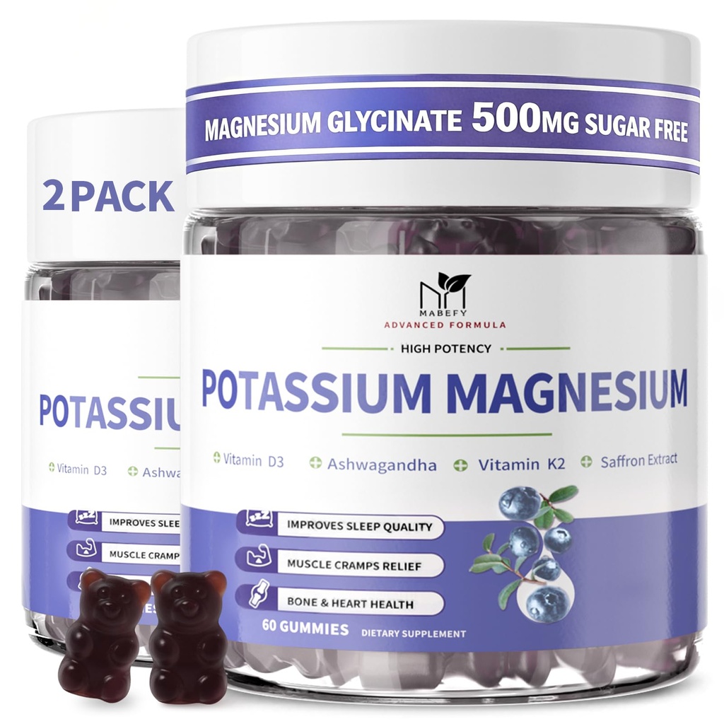 2 Pack Potassium Magnesium Gummies, Sugar-Free Potassium Gummies with Magnesium Glycinate 500mg Chewable Potassium Magnesium Supplements with Calcium, Zinc & Vitamins to Support Leg Muscle Relaxation