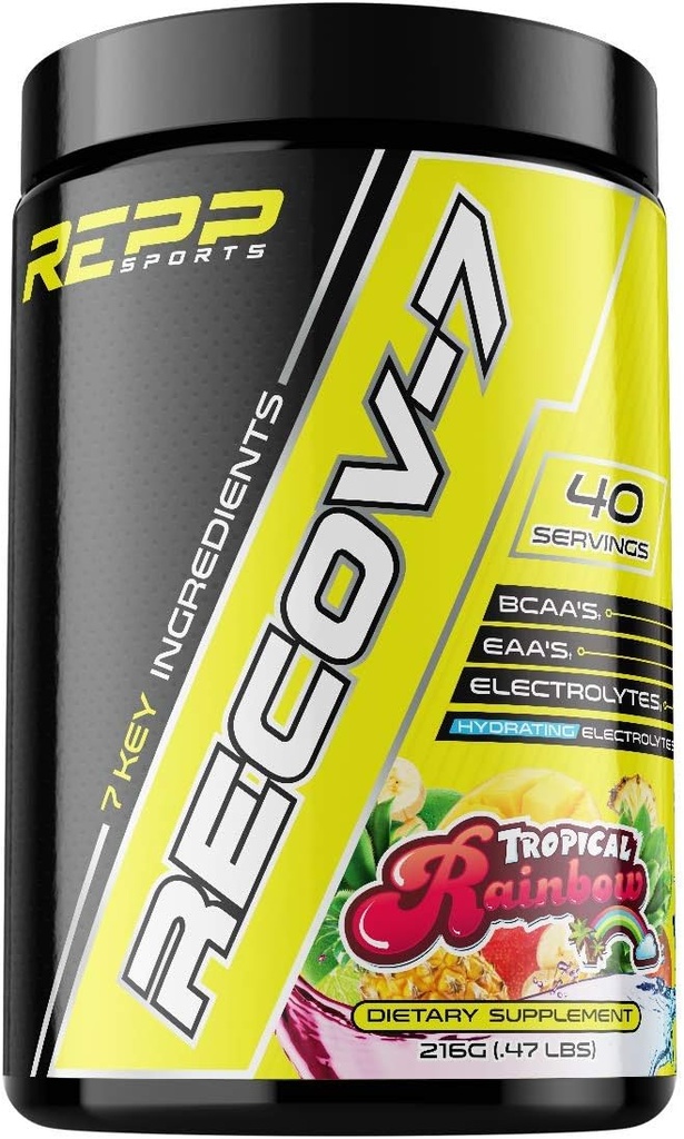 REPP Sports Recov-7 Full Spectrum EAAs and BCAAs | Advanced Recovery and Glycogen Replenishment for Intra-Workout (Tropical Rainbow, 40 Servings (216g))