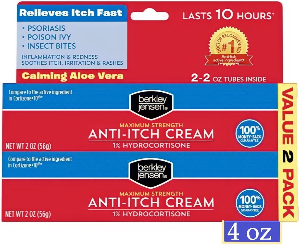Berkley Jensen Maximum Strength Anti-Itch Cream (4 oz.), με Calming Aloe Vera, 1% Hydrocortisone Itch Relief for Eczema, Psoriasis, Bug Bites, Poison Ivy, Oak and Sumac, 2 oz. Σωλήνας (πακέτο του 2)