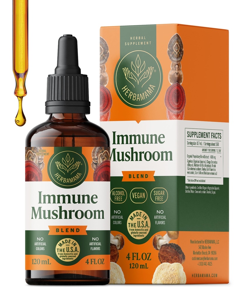 HERBAMAMA Super Immune Mushroom Supplement - Vegan 8-Mushroom Complex Blend with Reishi, Lion's Mane, Cordyceps & Chaga Extract - Μη-GMO, Χωρίς αλκοόλ, Χωρίς ζάχαρη Iπές ασυλίας, 56-Day Supply