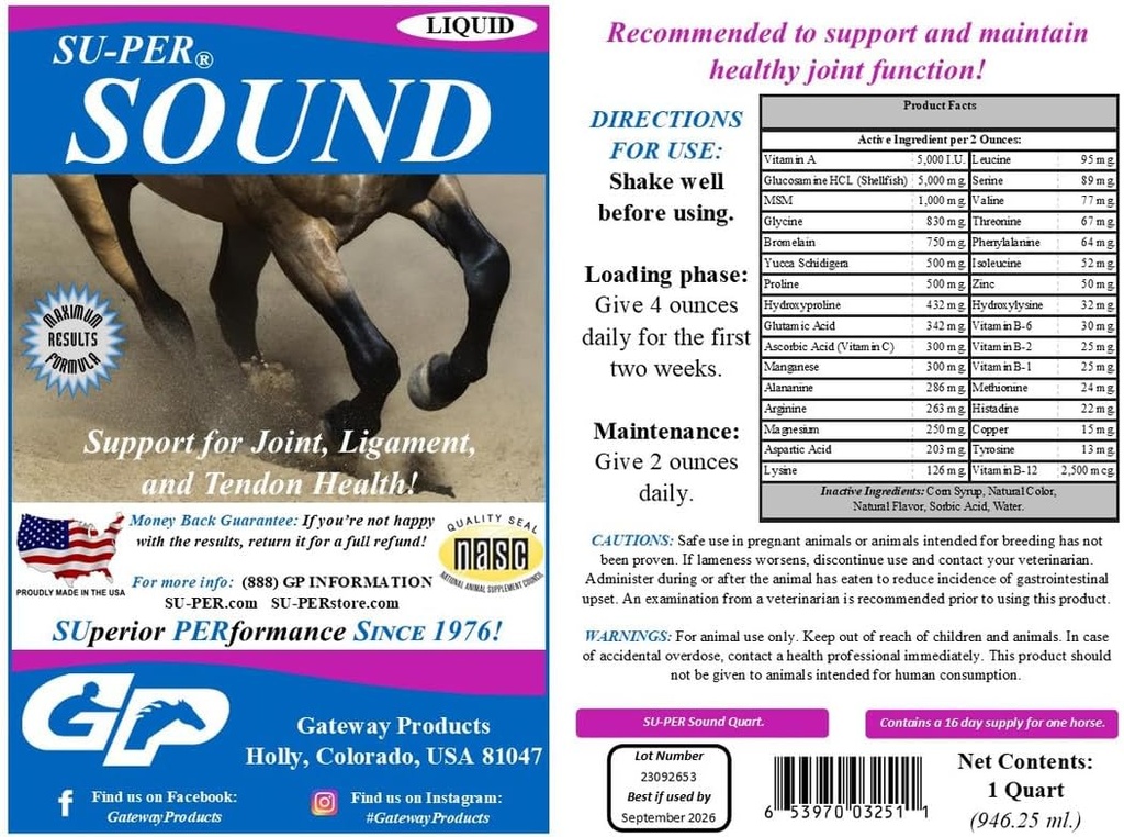 SU-PER Sound Joint Horse Supplement - Υποστήριξη για την Κοινή, Ligament, και Tendon Υγεία - Βιταμίνες και Ορυκτά, Γλυκοζαμίνη, MSM, Bromelain, Αμινοξέα, Λυσίνη - 1 Quart, (2 Pack)