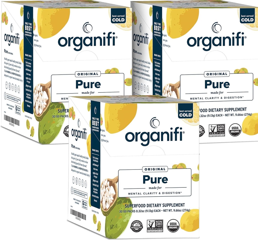 Organifi: Pure Smart Packs - Organic Brain and Immunity Support - Revitalizes Daily Mental Focus - Lemon Flavor, 3 Pack