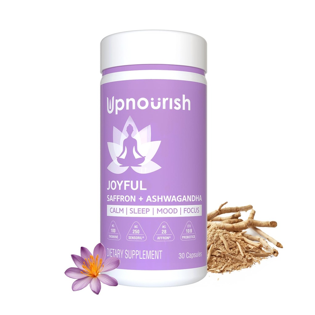 UpNourish Organic Ashwagandha Saffron Συμπληρώματα με Προβιοτικά - Άγχος ανακούφιση, Mood Enhancer, Ηρεμία Happy Hills Υποστήριξη Κόπωση Focus Καθαρότητα με L-Θεανίνη, Rhodiola, 30 Vegan Κάψουλες