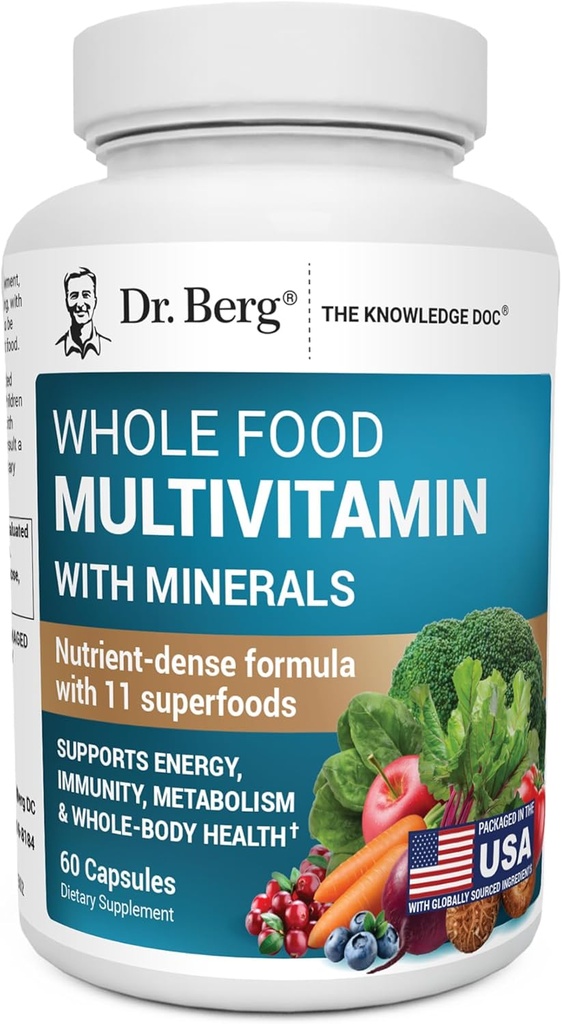 Dr. Berg Whole Food Multivitamin with Minerals - Daily Multivitamin for Men and Women - Περιλαμβάνει Premium Ολόκληρα Φρούτα Τροφίμων και Φυτικά Με Φολικό, Α-λιποϊκό Οξύ και Περισσότερα - 60 Κάψουλες