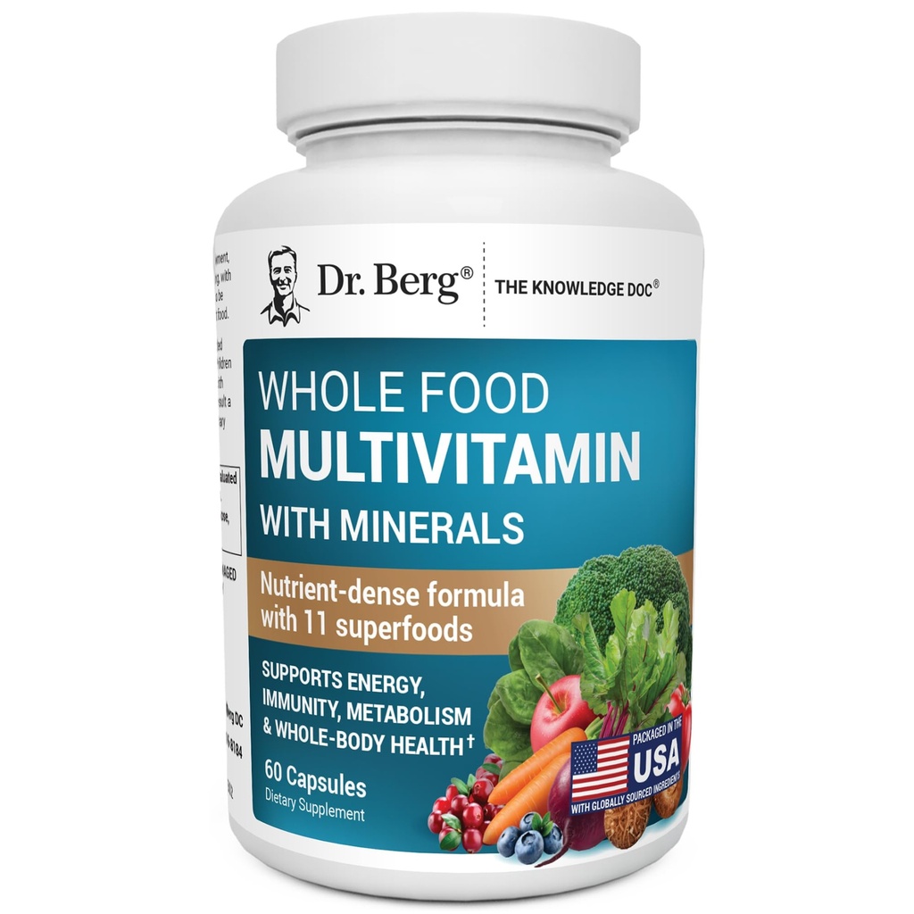 Dr. Berg Whole Food Multivitamin with Minerals - Daily Multivitamin for Men and Women - Περιλαμβάνει Premium Ολόκληρα Φρούτα Τροφίμων και Φυτικά Με Φολικό, Α-λιποϊκό Οξύ και Περισσότερα - 60 Κάψουλες